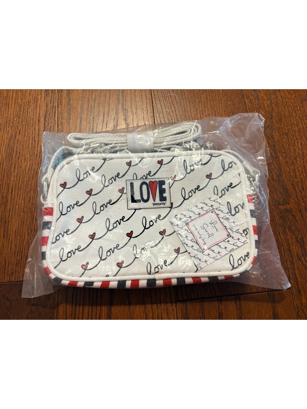 Brighton Love Scroll Cross Body Bag White, Red & Black with Hearts, 7"
